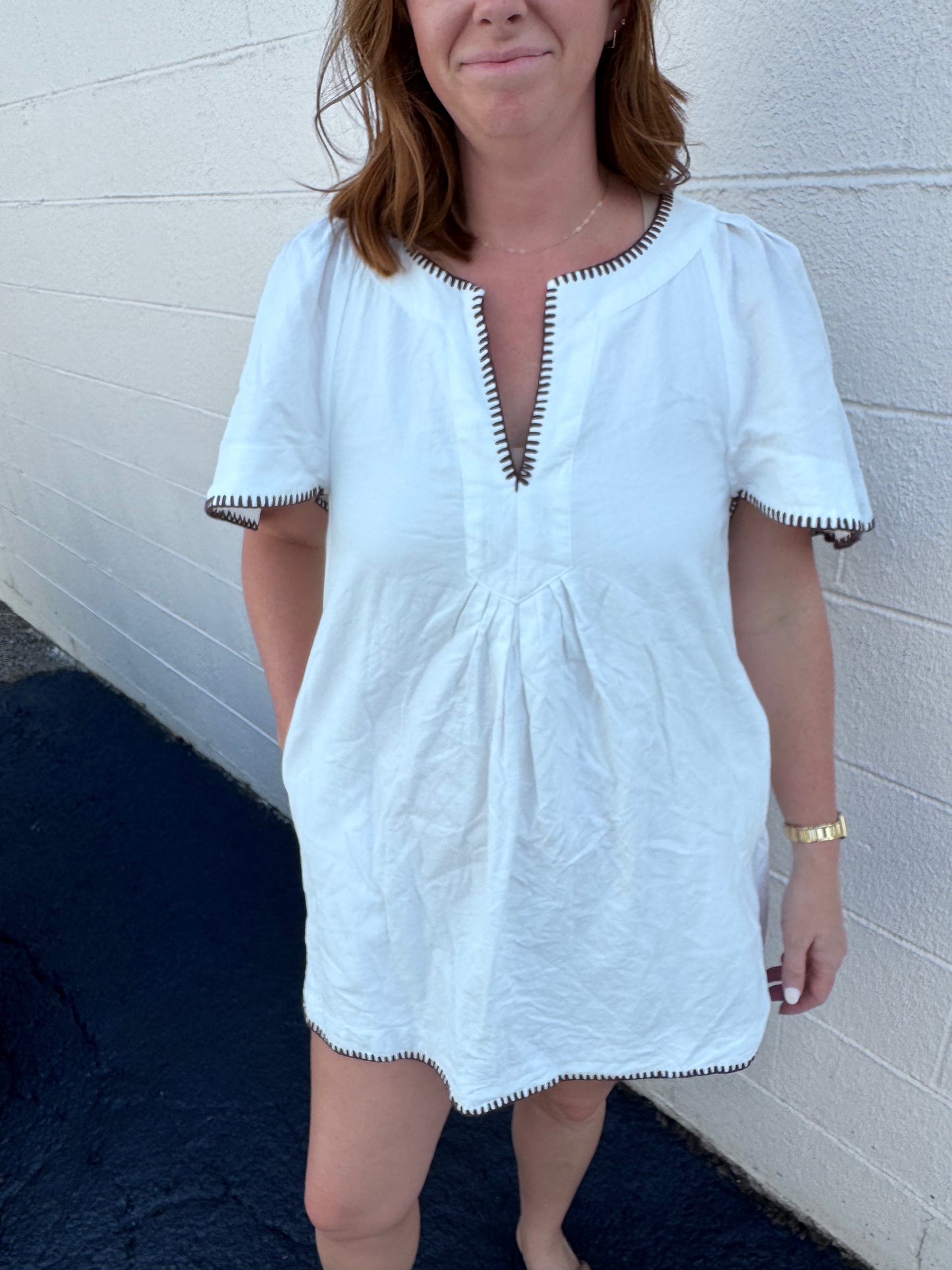 Pomander Place White Dress with Brown Trim Size Large