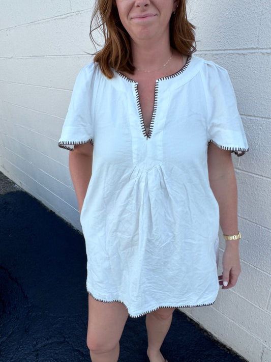 Pomander Place White Dress with Brown Trim Size Large